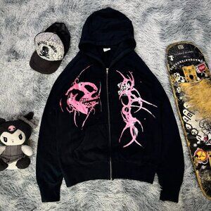 Pink Skeleton Graphic Zip Up Hoodie Edgy